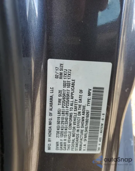 2017 Honda Odyssey Exl z USA, uszkodzony, nr VIN 5FNRL5H67HB016097